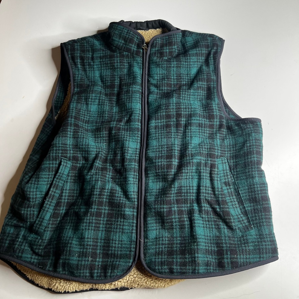 LL Bean Mens Wool Blend Sherpa Lined Plaid Vest Green Black Large 264815